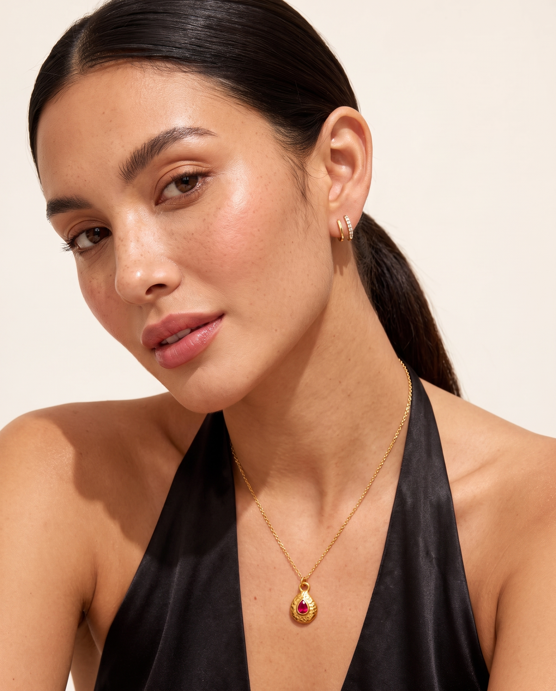 July ruby necklace worn on model second