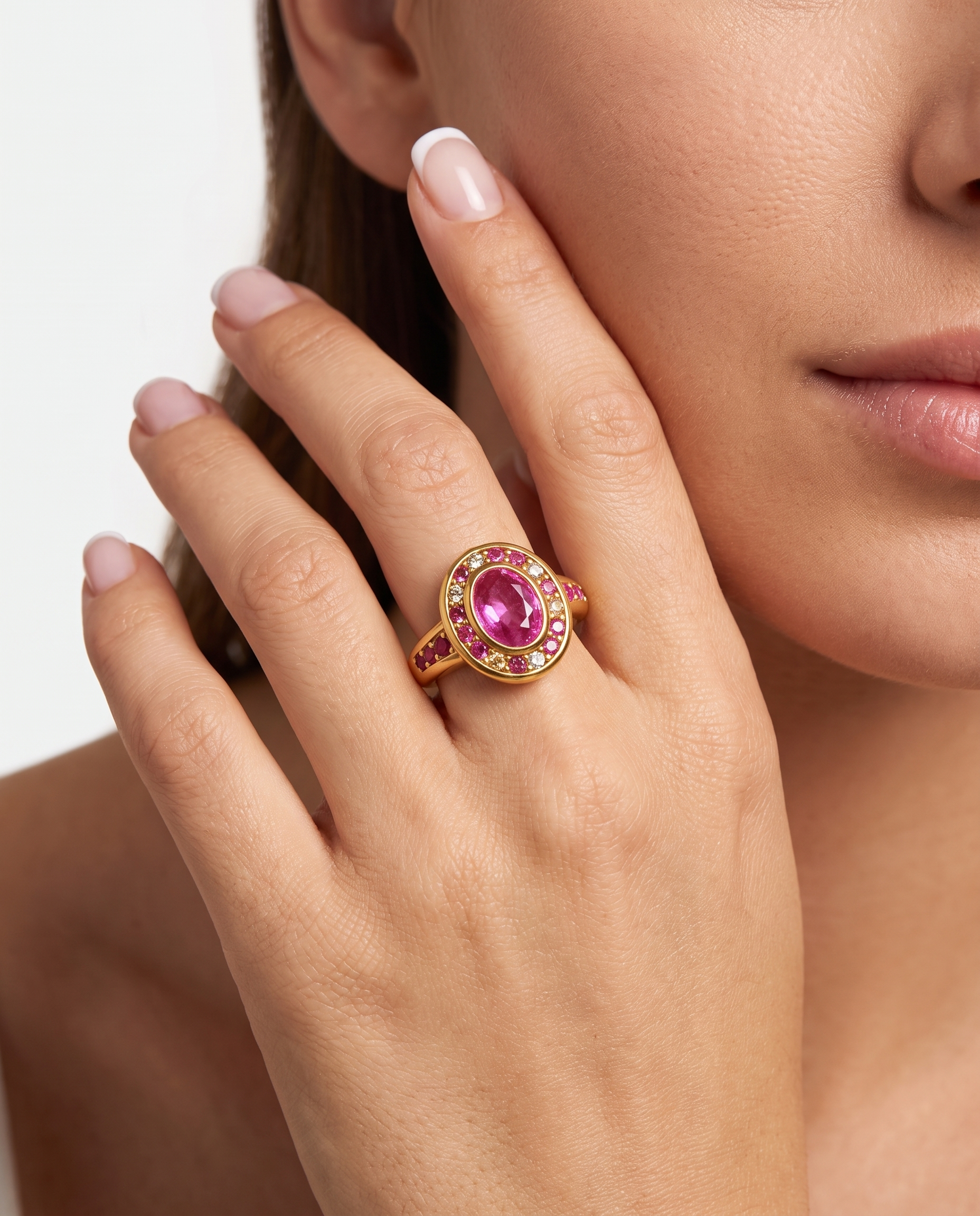 Colette gold ring worn on hand near face