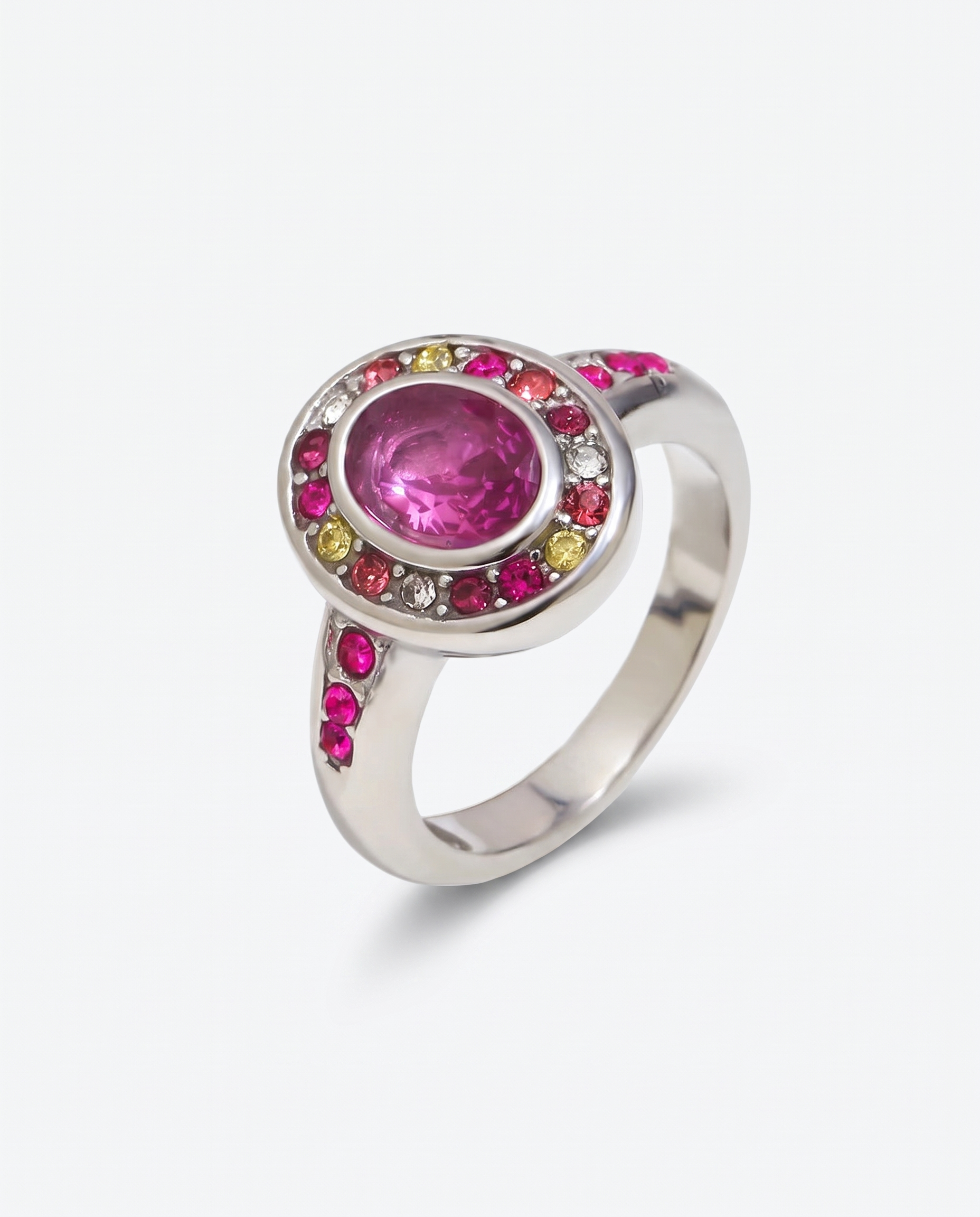 Colette silver multicolour halo ring on off white background