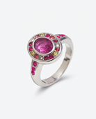 Colette silver multicolour halo ring on off white background