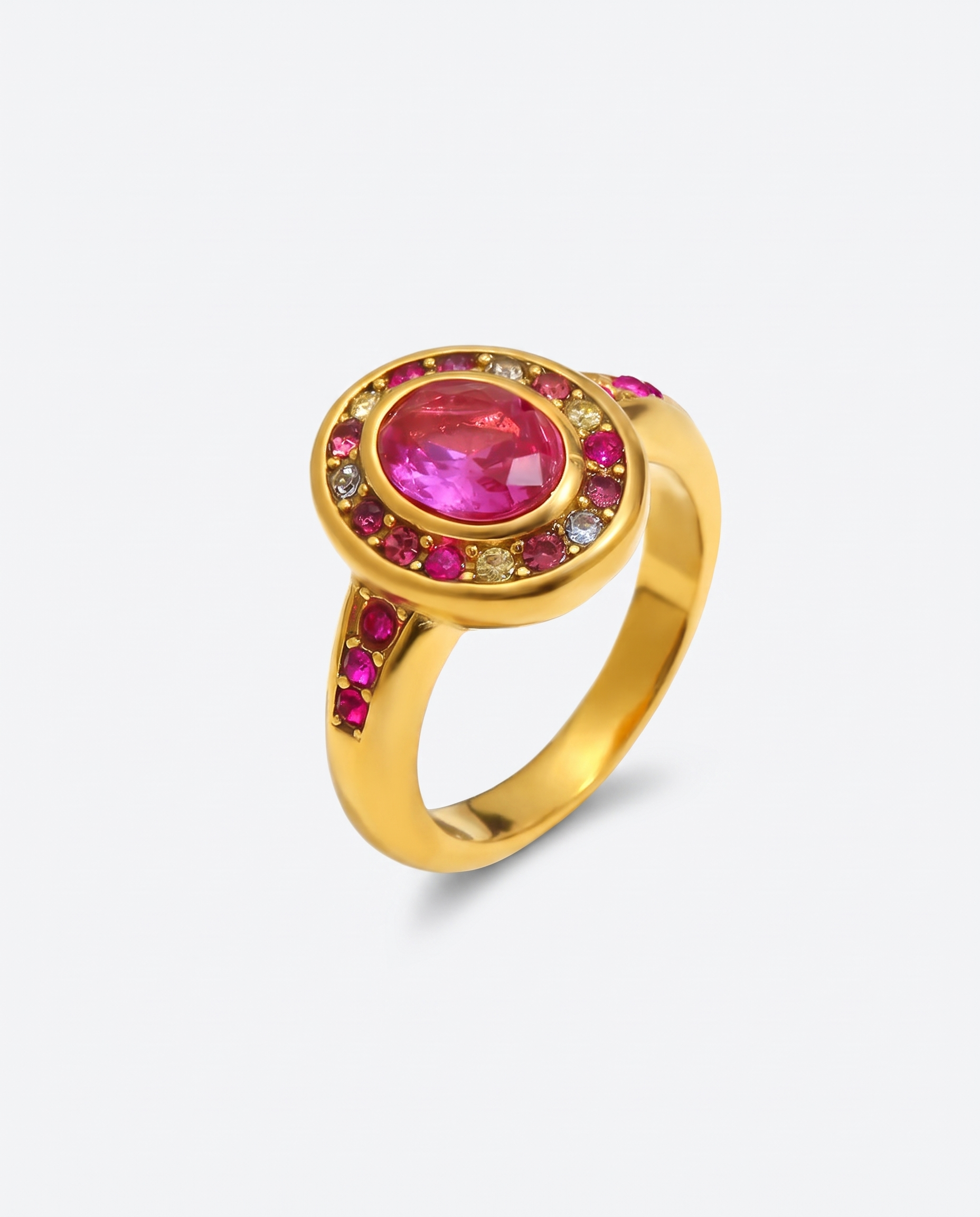 Colette gold pink multicolour halo ring on off white background