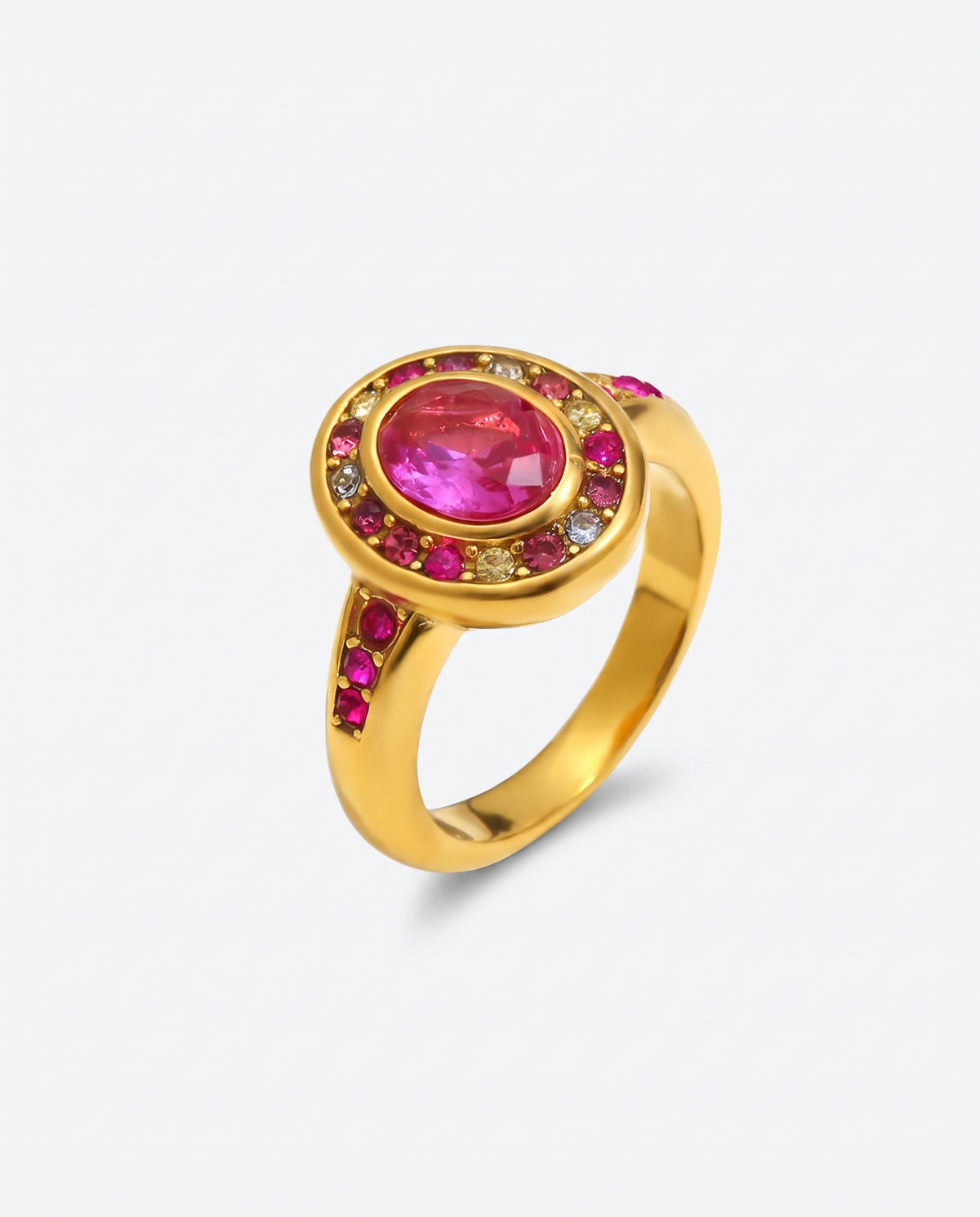 Colette gold pink multicolour halo ring on off white background