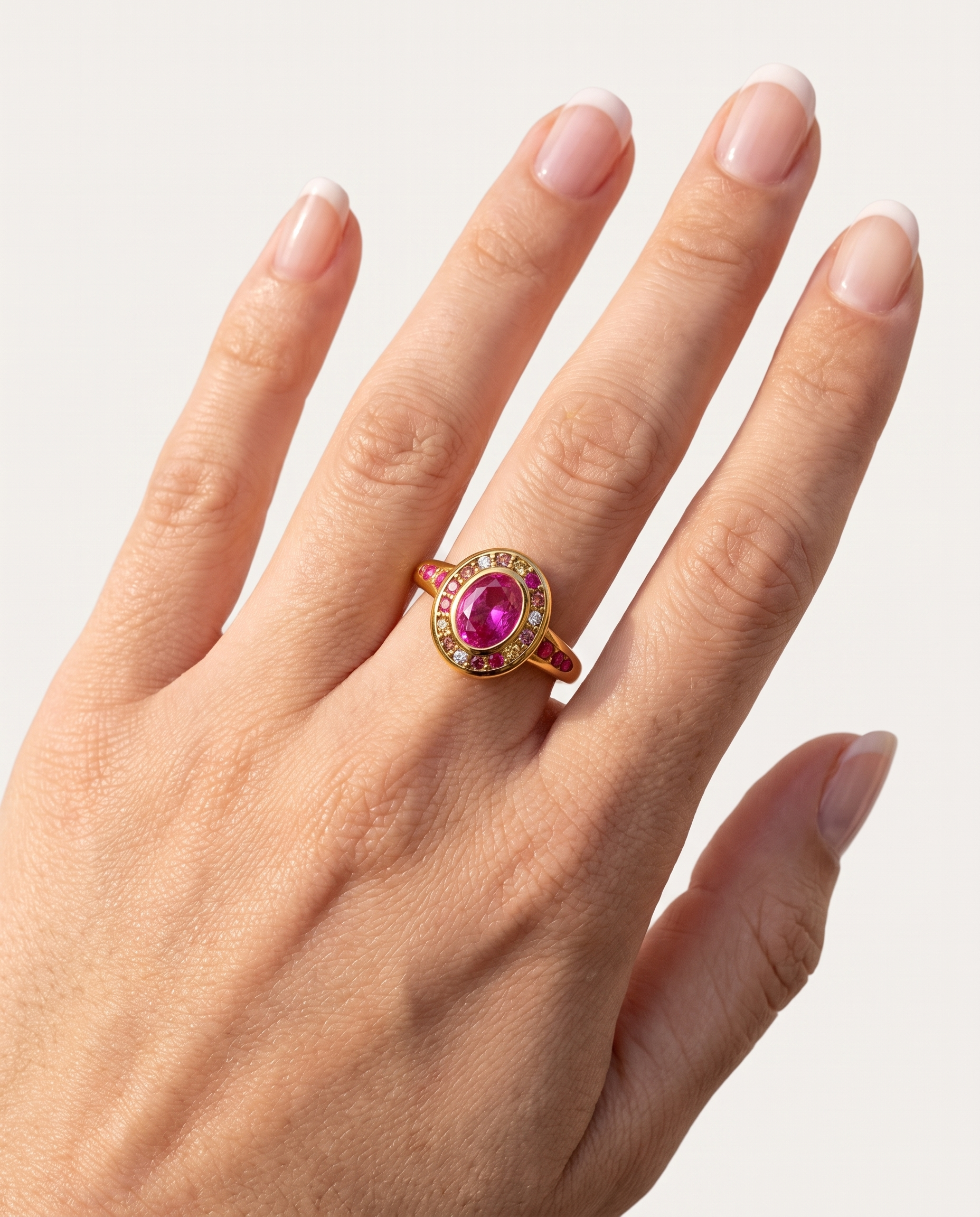 Colette gold halo ring worn on hand