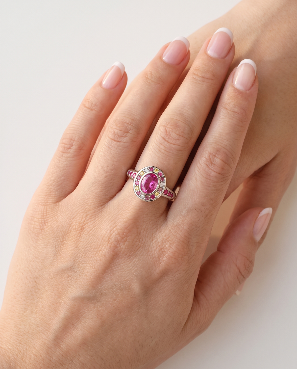 Colette silver halo ring worn on hand