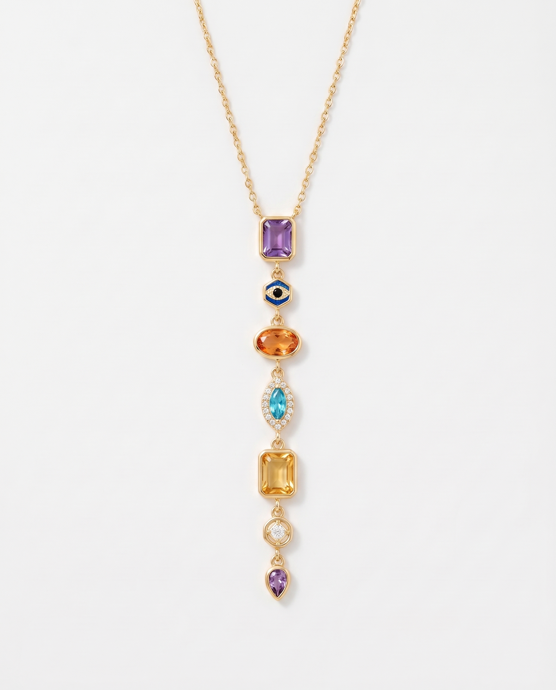 Celeste colourful gemstone drop gold necklace on soft studio background