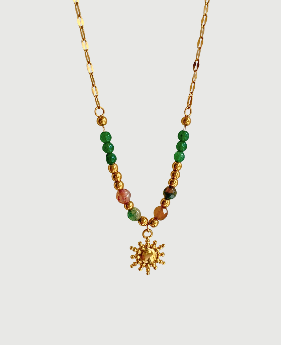 Delphine 18k Gold-Plated Necklace with Green & Multicolor Beads – Adjustable Tarnish-Free Chain – Sun Pendant